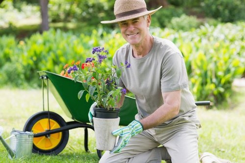 Structured landscape gardening elements with flowers and hedges